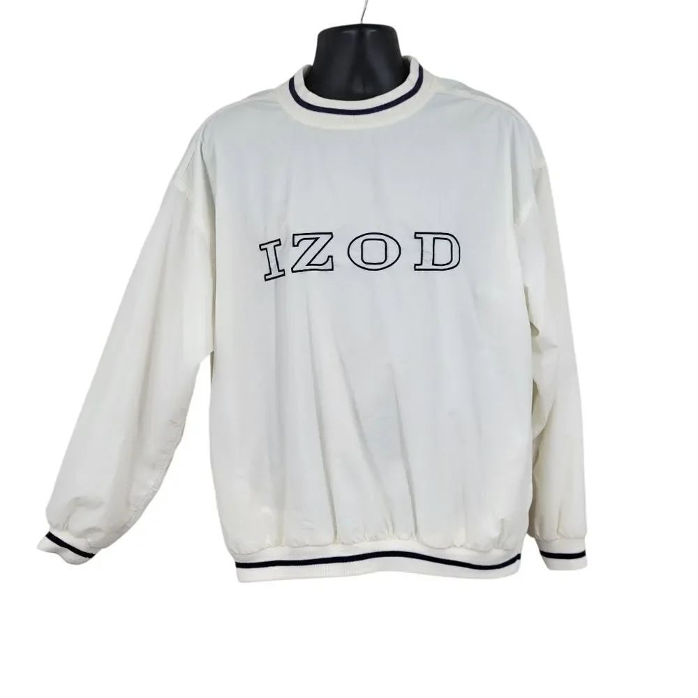 IZOD Vintage White Windbrealer Pullover Sweatshirt with Pockets Golf Nylon